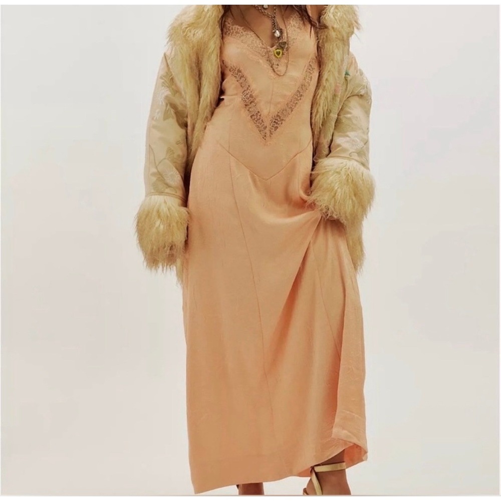 Free People Maybe Forever Maxi Dress Lace Trim Crinkle Satin Peach 2